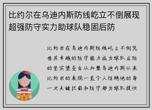 比约尔在乌迪内斯防线屹立不倒展现超强防守实力助球队稳固后防